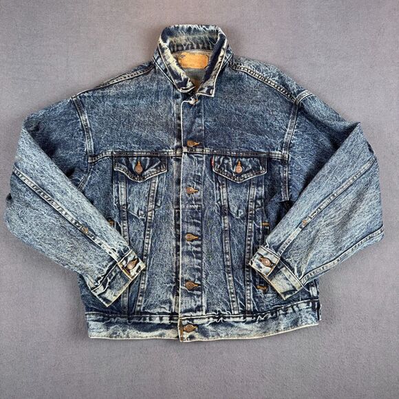 VTG 80s Levis Jean Jacket L 70507 0227 USA 4 Pocket ACID Wash DENIM Trucker Blue - Picture 2 of 10